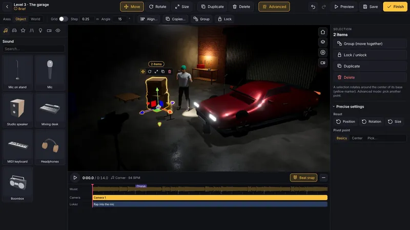 The game editor with two selected objects and the placement tools