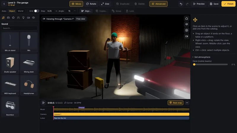 The game's workshop: an artist lit up in a garage, the editing timeline at the bottom