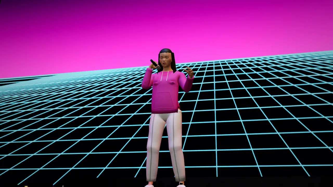 An artist on the big festival stage, pink sky and a glowing grid floor